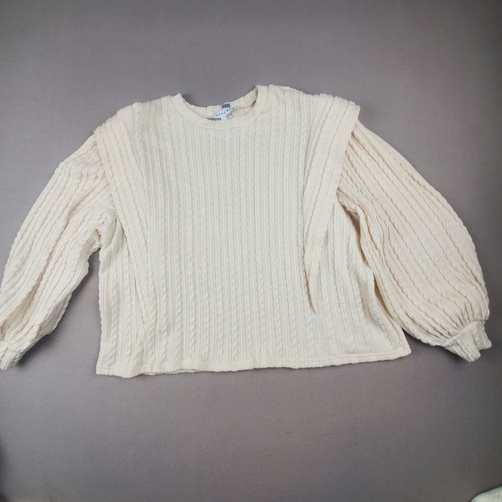 Moodie Women Cable Knit Cream Ivory Pullover Sweater Balloon Sleeves Size Large
